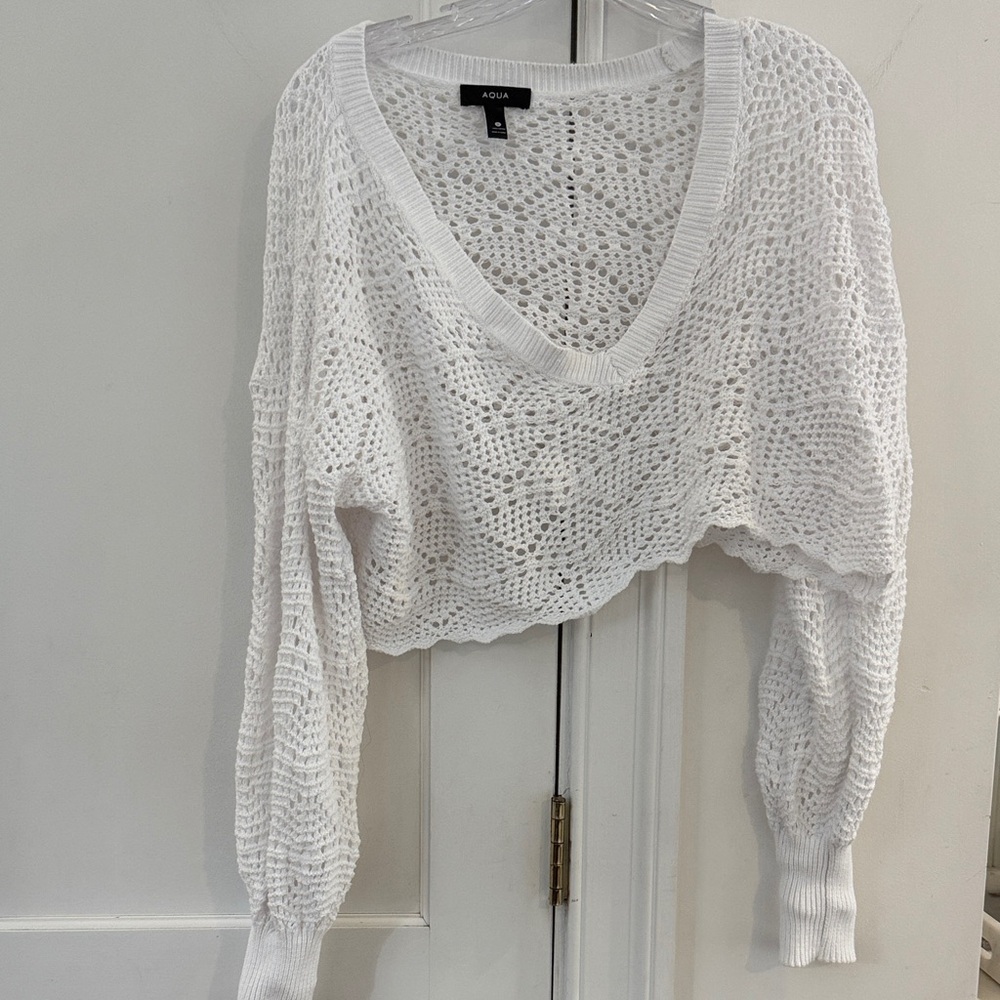 Aqua White Open-Knit V-Neck Cropped Sweater